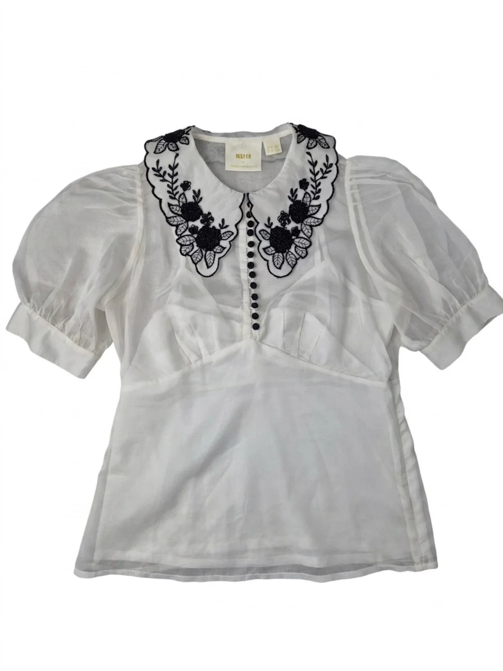 Anthropologie Maeve White Sheer Beaded Embroidered Statement Collar Blouse